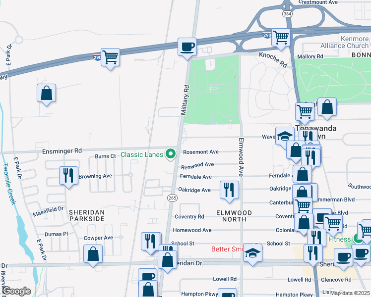 map of restaurants, bars, coffee shops, grocery stores, and more near 1887 Military Road in Buffalo