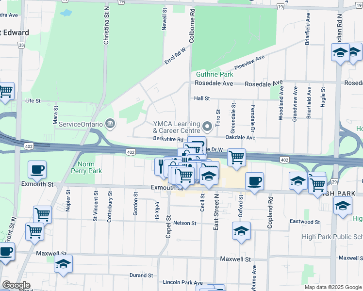map of restaurants, bars, coffee shops, grocery stores, and more near 620 Berkshire Road in Sarnia