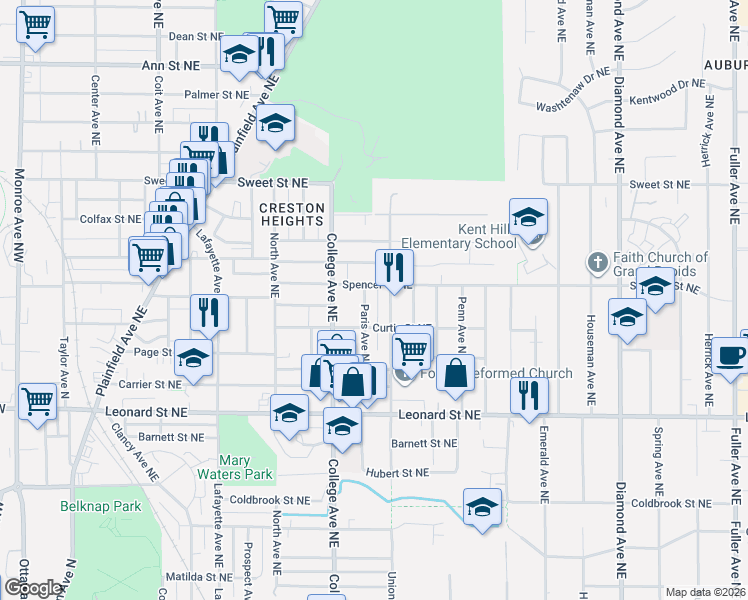 map of restaurants, bars, coffee shops, grocery stores, and more near 528 Spencer Street Northeast in Grand Rapids