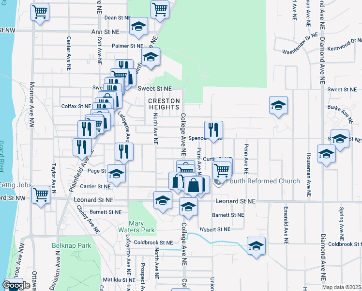 map of restaurants, bars, coffee shops, grocery stores, and more near 448 Spencer Street Northeast in Grand Rapids