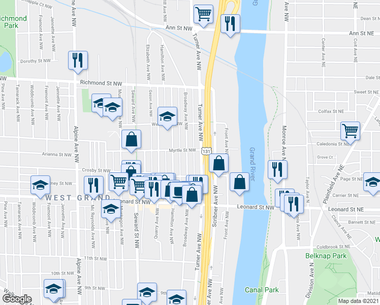 map of restaurants, bars, coffee shops, grocery stores, and more near 1410 Broadway Avenue Northwest in Grand Rapids