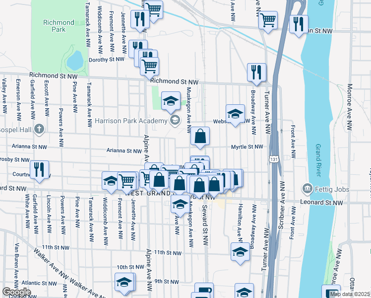 map of restaurants, bars, coffee shops, grocery stores, and more near 655 Myrtle Street Northwest in Grand Rapids