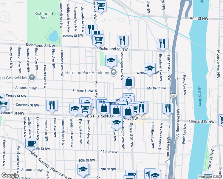 map of restaurants, bars, coffee shops, grocery stores, and more near 1351 Davis Avenue Northwest in Grand Rapids
