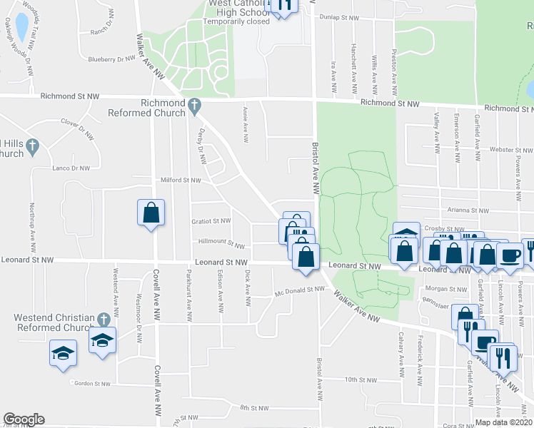 map of restaurants, bars, coffee shops, grocery stores, and more near 1665 Walker Avenue Northwest in Grand Rapids