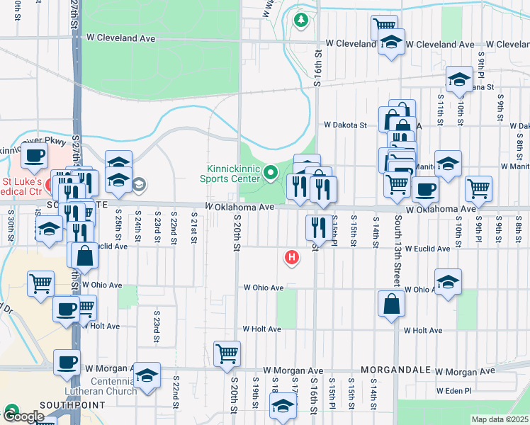 map of restaurants, bars, coffee shops, grocery stores, and more near 1911 West Oklahoma Avenue in Milwaukee