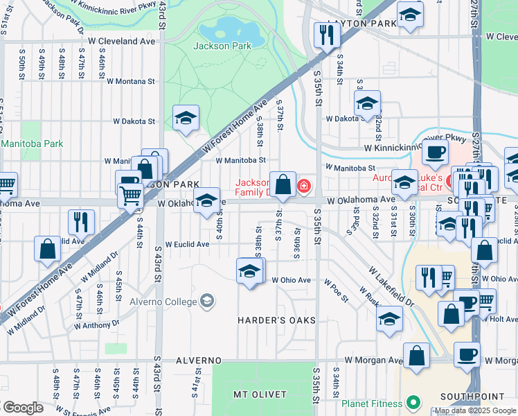 map of restaurants, bars, coffee shops, grocery stores, and more near 3726 West Oklahoma Avenue in Milwaukee
