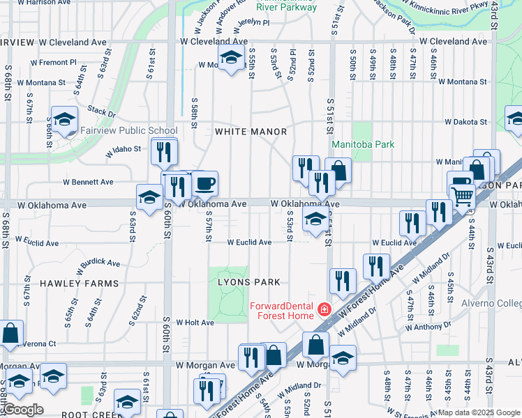 map of restaurants, bars, coffee shops, grocery stores, and more near 3078 South 55th Street in Milwaukee