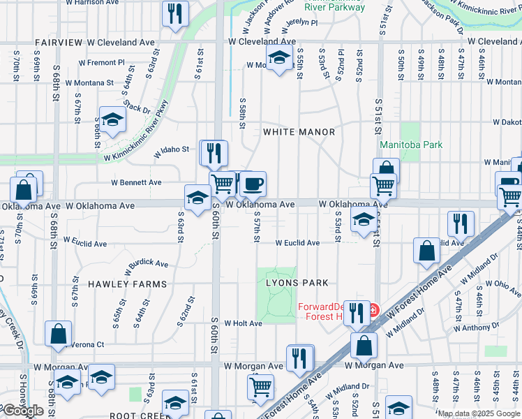 map of restaurants, bars, coffee shops, grocery stores, and more near 5702 West Oklahoma Avenue in Milwaukee