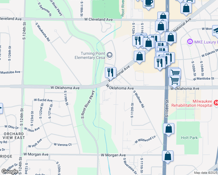 map of restaurants, bars, coffee shops, grocery stores, and more near 11505 West National Avenue in West Allis