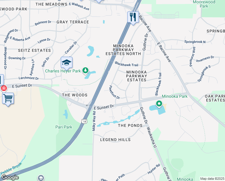 map of restaurants, bars, coffee shops, grocery stores, and more near 1501 Tomahawk Lane in Waukesha