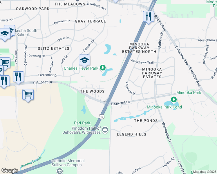 map of restaurants, bars, coffee shops, grocery stores, and more near 1516 Camden Court in Waukesha
