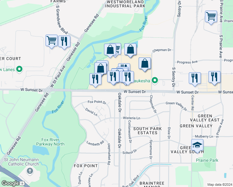 map of restaurants, bars, coffee shops, grocery stores, and more near 1190 West Sunset Drive in Waukesha
