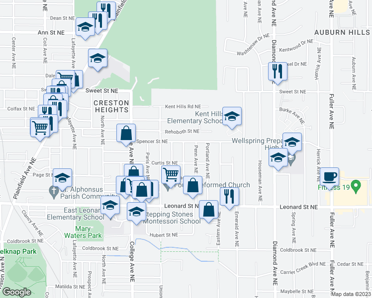 map of restaurants, bars, coffee shops, grocery stores, and more near 1364 Ashland Avenue Northeast in Grand Rapids