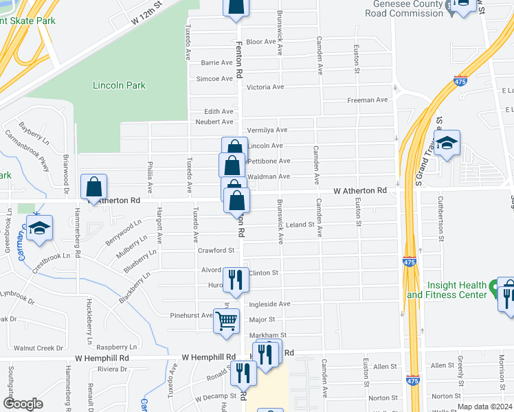 map of restaurants, bars, coffee shops, grocery stores, and more near 940 Campbell Street in Flint