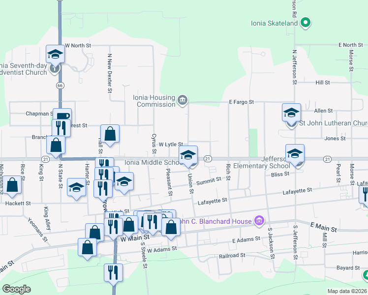 map of restaurants, bars, coffee shops, grocery stores, and more near 120 East Lytle Street in Ionia