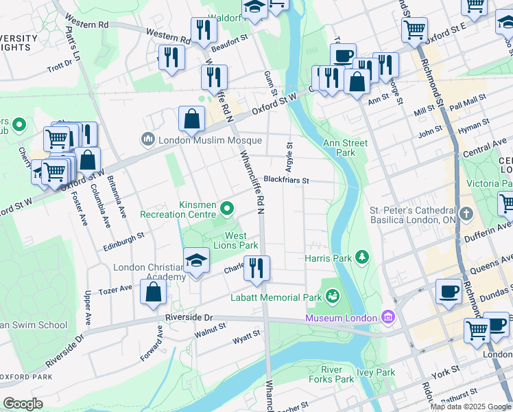 map of restaurants, bars, coffee shops, grocery stores, and more near 160 Wharncliffe Road North in London
