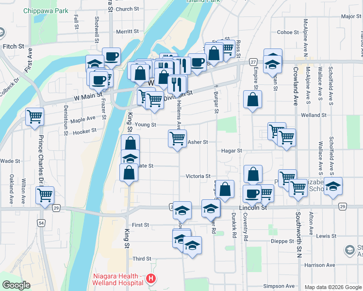 map of restaurants, bars, coffee shops, grocery stores, and more near 206 Hellems Avenue in Welland