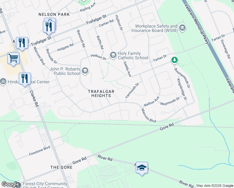 map of restaurants, bars, coffee shops, grocery stores, and more near 55 Exmouth Drive in London