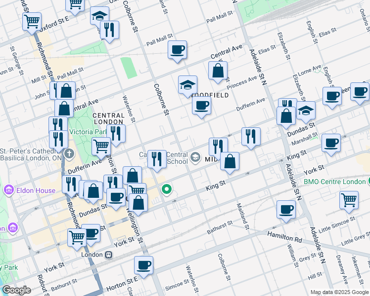 map of restaurants, bars, coffee shops, grocery stores, and more near 400 Queens Avenue in London