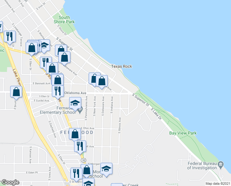 map of restaurants, bars, coffee shops, grocery stores, and more near E Oklahoma Ave & S Wentworth Ave in Milwaukee