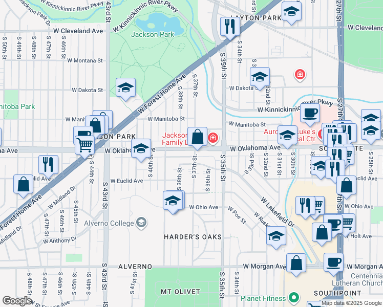 map of restaurants, bars, coffee shops, grocery stores, and more near 3701 West Oklahoma Avenue in Milwaukee