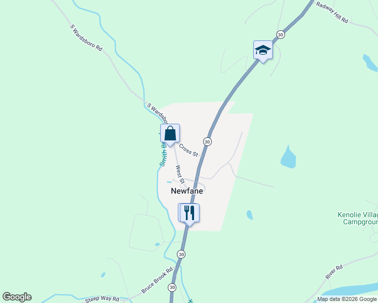 map of restaurants, bars, coffee shops, grocery stores, and more near Cross Street in Newfane