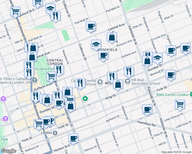 map of restaurants, bars, coffee shops, grocery stores, and more near 408 Queens Avenue in London
