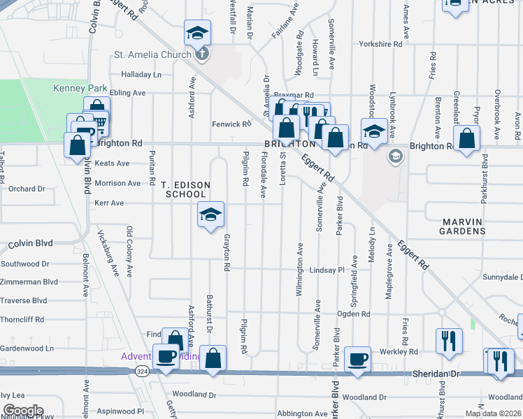 map of restaurants, bars, coffee shops, grocery stores, and more near 283 Floradale Avenue in Tonawanda