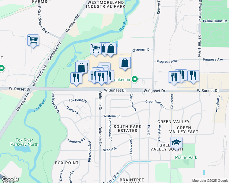 map of restaurants, bars, coffee shops, grocery stores, and more near 1139 West Sunset Drive in Waukesha