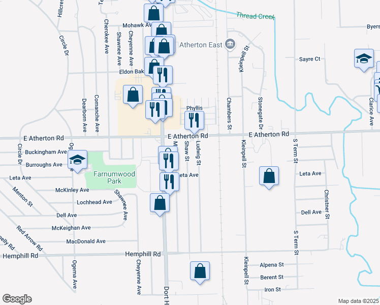 map of restaurants, bars, coffee shops, grocery stores, and more near 3037 Shaw Street in Burton