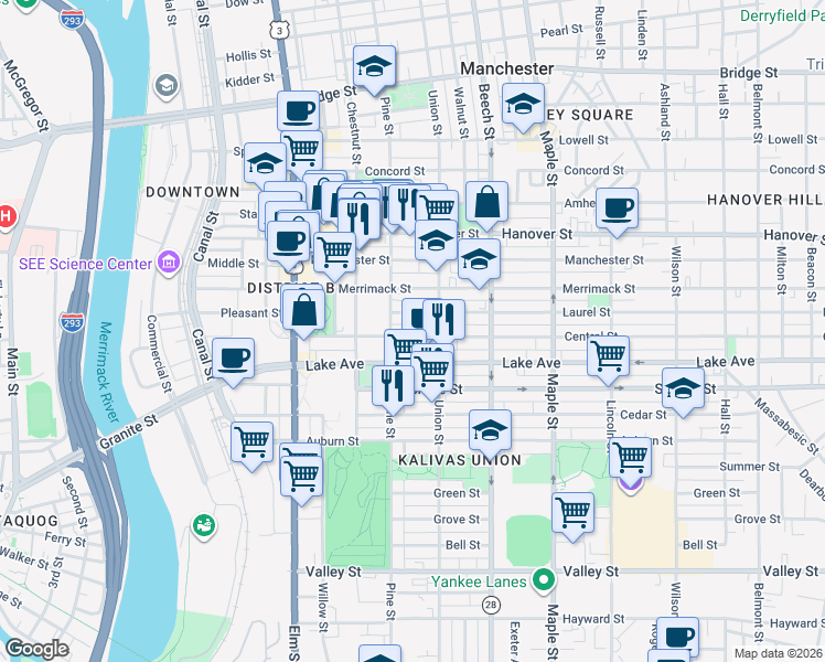 map of restaurants, bars, coffee shops, grocery stores, and more near 172 Central Street in Manchester