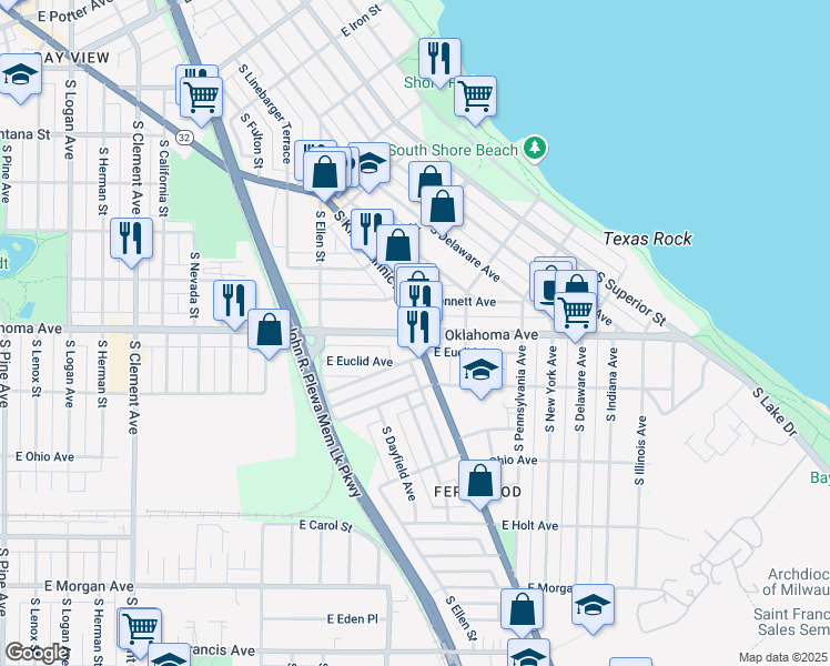 map of restaurants, bars, coffee shops, grocery stores, and more near South Kinnickinnic Avenue & East Oklahoma Avenue in Milwaukee