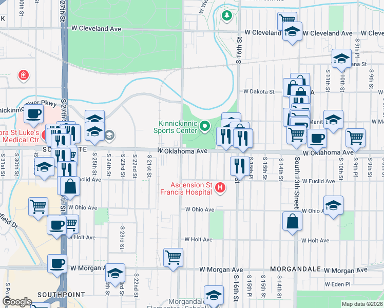 map of restaurants, bars, coffee shops, grocery stores, and more near 1911 West Oklahoma Avenue in Milwaukee