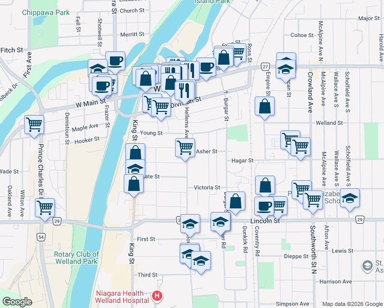 map of restaurants, bars, coffee shops, grocery stores, and more near 9 Asher Street in Welland