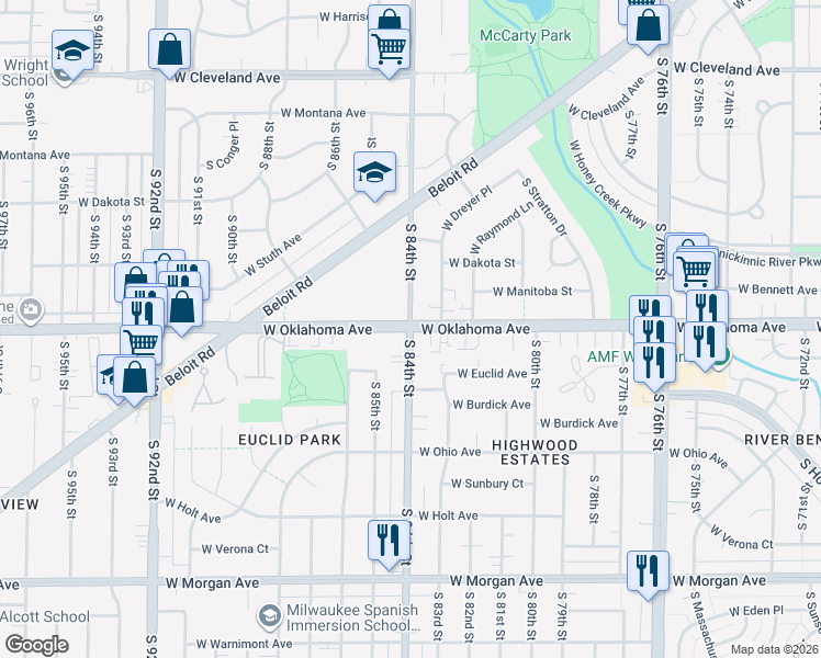 map of restaurants, bars, coffee shops, grocery stores, and more near W Oklahoma Ave & S 84th St in Milwaukee