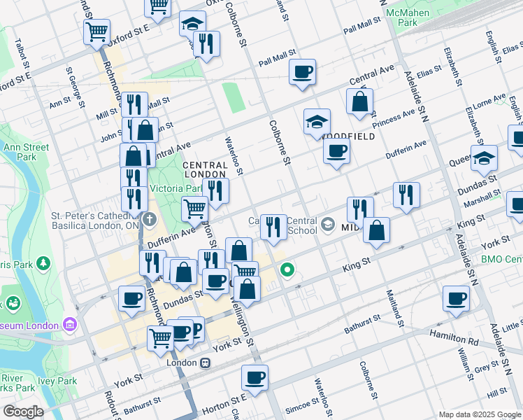 map of restaurants, bars, coffee shops, grocery stores, and more near 484 Waterloo Street in London