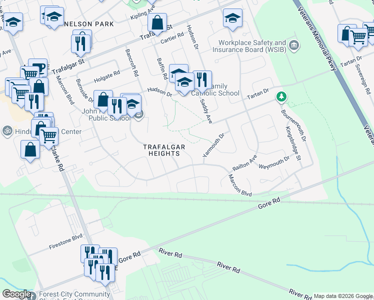 map of restaurants, bars, coffee shops, grocery stores, and more near 55 Exmouth Drive in London