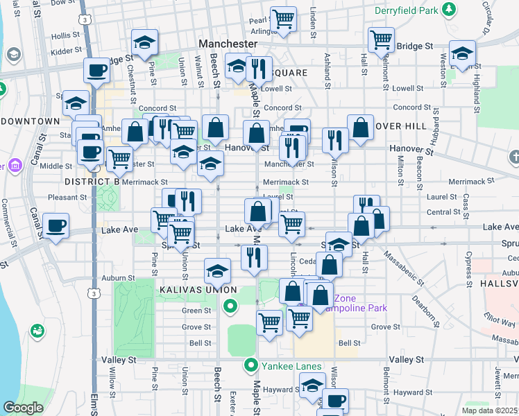 map of restaurants, bars, coffee shops, grocery stores, and more near 213 Laurel Street in Manchester