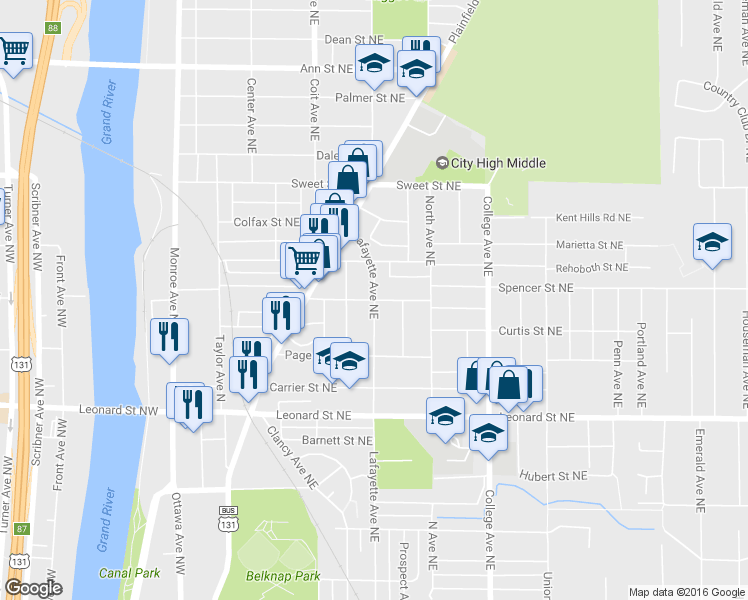 map of restaurants, bars, coffee shops, grocery stores, and more near Lafayette Ave NE & Spencer St NE in Grand Rapids