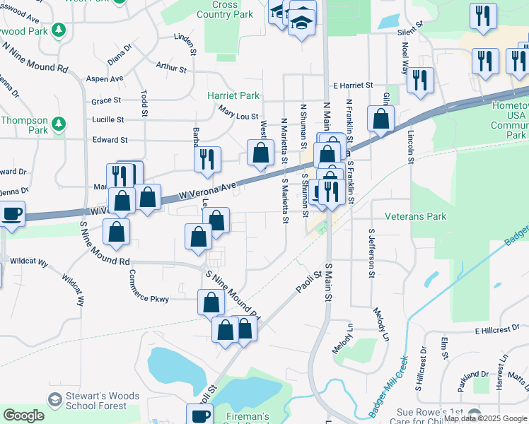 map of restaurants, bars, coffee shops, grocery stores, and more near 320 Church Avenue in Verona