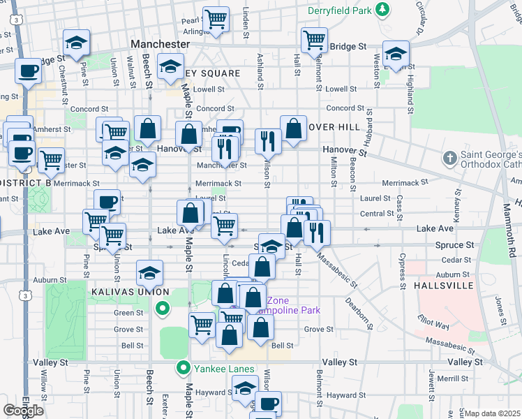 map of restaurants, bars, coffee shops, grocery stores, and more near 301 Laurel Street in Manchester