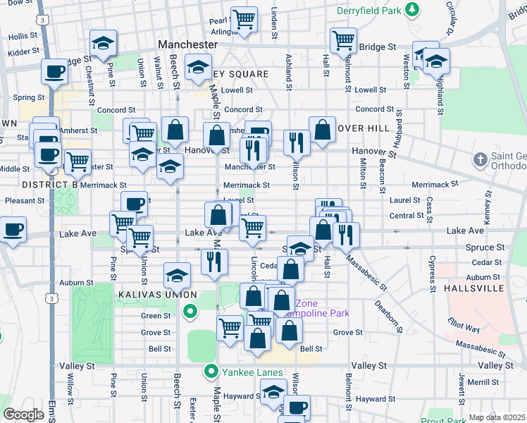 map of restaurants, bars, coffee shops, grocery stores, and more near 271 Laurel Street in Manchester