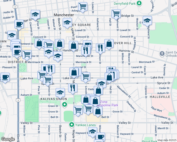 map of restaurants, bars, coffee shops, grocery stores, and more near 245 Laurel Street in Manchester