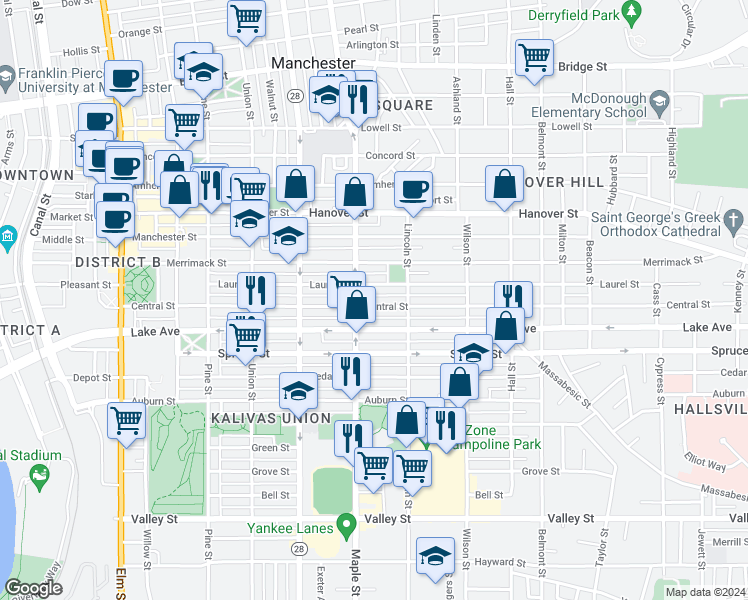 map of restaurants, bars, coffee shops, grocery stores, and more near 213 Laurel Street in Manchester