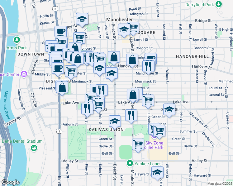map of restaurants, bars, coffee shops, grocery stores, and more near 147 Laurel Street in Manchester