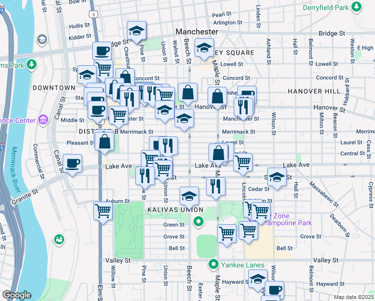 map of restaurants, bars, coffee shops, grocery stores, and more near 147 Laurel Street in Manchester