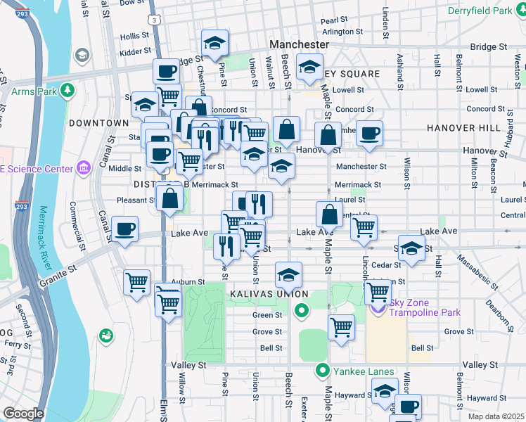 map of restaurants, bars, coffee shops, grocery stores, and more near 123 Laurel Street in Manchester