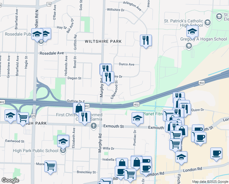 map of restaurants, bars, coffee shops, grocery stores, and more near 301 Edgewood Street in Sarnia