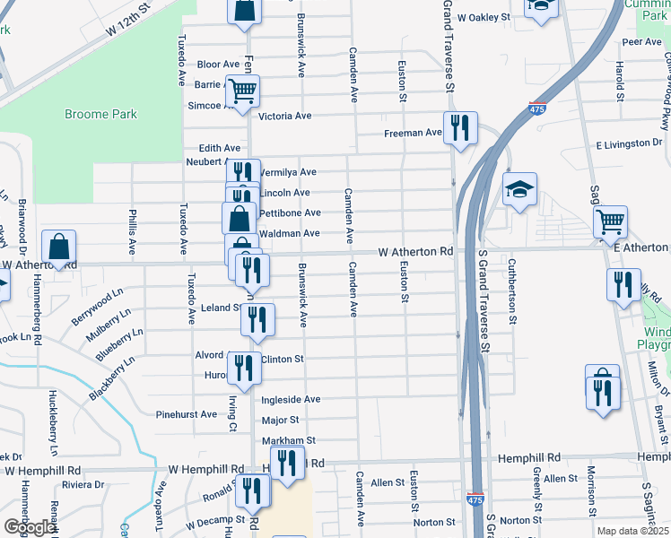 map of restaurants, bars, coffee shops, grocery stores, and more near 833 West Atherton Road in Flint