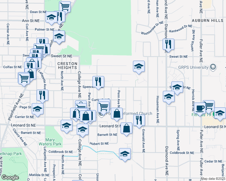 map of restaurants, bars, coffee shops, grocery stores, and more near 1375 Ashland Avenue Northeast in Grand Rapids
